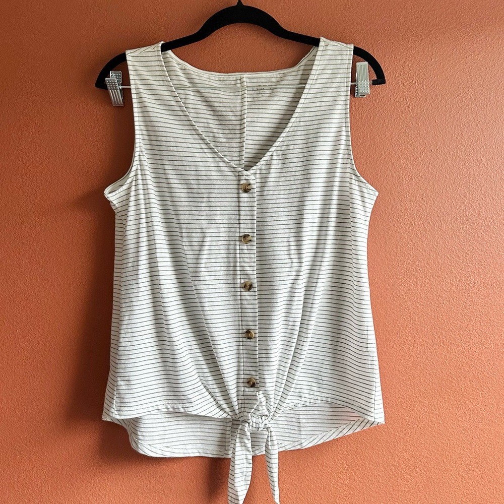 LOFT Cream and Black Striped Tie-Front Tank Top